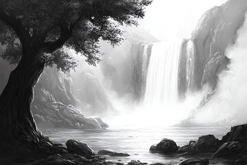 Poster - A serene black-and-white landscape featuring a majestic waterfall and surrounding trees.