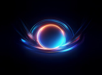 Abstract glowing circle, vibrant blue and orange hues, swirling light trails on dark background.  Dynamic energy, futuristic, hypnotic.