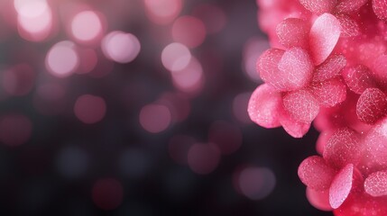 Poster - Soft Pink Abstract Background with Delicate Bokeh Light Highlights and Vibrant Flowers in Focus for Design Use