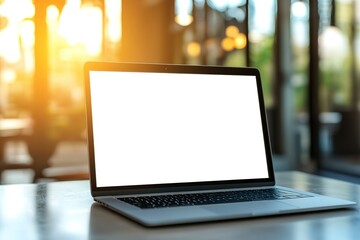 Poster - A laptop is open on a table with a white screen