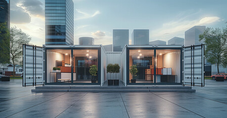 Poster - Two open shipping container functioning as a self-storage unit, placed on a modern urban plaza with contemporary architecture in the background, minimalistic interior with several stacked boxes.