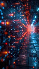 Fototapete - Abstract digital data stream, glowing lines and particles.