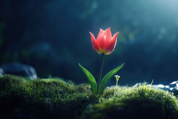 A red flower is growing in a field of green grass