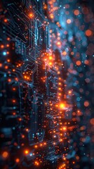 Poster - Abstract glowing circuit board texture with orange and blue lights.