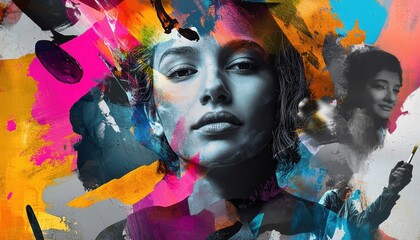 Poster - Expressive Collage Portrait with Vibrant Colors and Artistic Elements Capturing Creative Essence