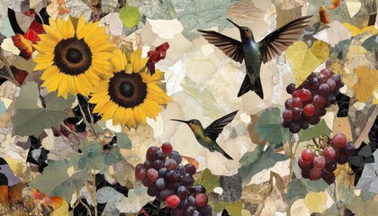 Poster - Vibrant Abstract Collage of Sunflowers, Hummingbirds, and Grapes in Playful Art Style