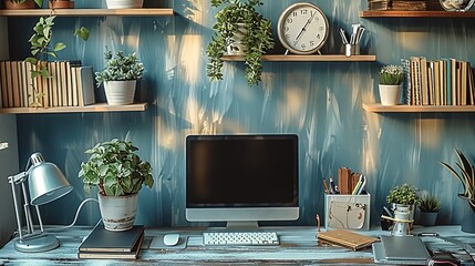 Poster - A simple office with books, notebook, stationery, keyboard on the table.