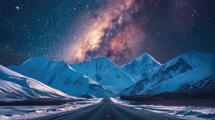 Aufkleber - An empty highway road leading to the mountains, A galaxy shows in the night sky above the snow-covered mountains.
