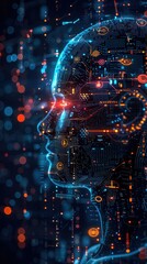 Poster - AI, robotic head profile, glowing circuits, digital data streams.