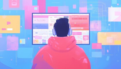 Poster - Person Surrounded by Colorful Screens with Digital Data and Graphics in a Modern Workspace