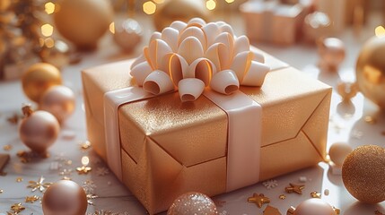 Poster - A golden and cute 3D rectangular gift box with a bow, and various interesting elements surrounding the gift box.