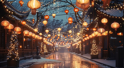 Poster - Nice The winter atmosphere of the Chinese New Year festival. at night.
