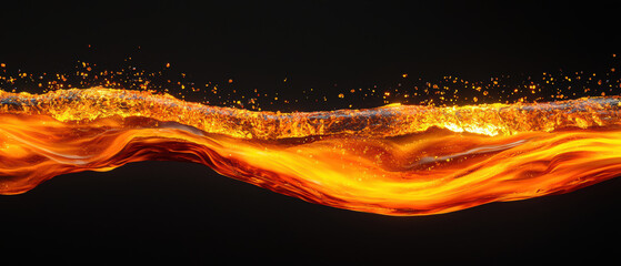 Poster - Dynamic orange liquid flow with sparkling droplets, creating vibrant visual effect. fiery essence captures energy and movement