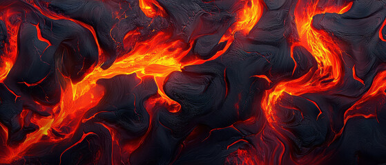 Poster - Molten lava flows create mesmerizing display of fiery orange and black textures, showcasing nature raw power and beauty