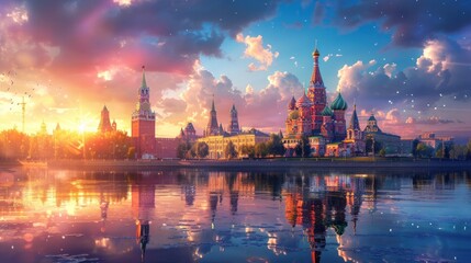 Wall Mural - Breathtaking sunset over the iconic Kremlin and the onion domed St  Basil s Cathedral in Moscow Russia reflecting in the calm waters of the Moskva River