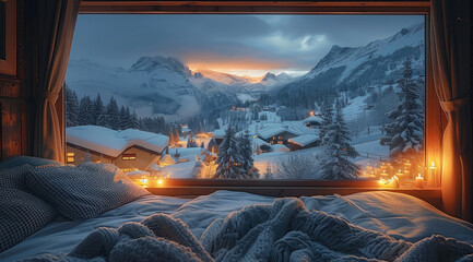 Poster - Dark deep night in cozy mountain bedroom, outside is night and everything is with snow.