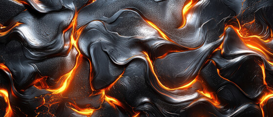 Poster - Molten steel flows in dynamic patterns, showcasing vibrant orange and black textures. image captures intense heat and movement of liquid metal