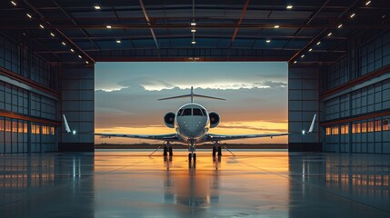 Poster - Private jet parked on minimalist hangar, afternoon sky background.
