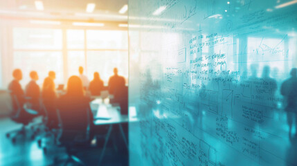 Poster - Brainstorming session in modern office with notes on glass wall, showcasing collaboration and creativity