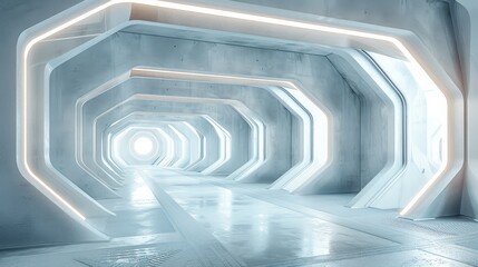 Aufkleber - 3D render of a futuristic white and grey space station interior.