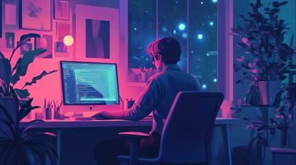 Poster - Night Coder: A Synthwave Digital Oasis
