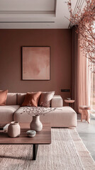 Aufkleber - A stylish living area showcases warm mocha hues, featuring a comfortable sofa and natural decor, creating a cozy and inviting atmosphere