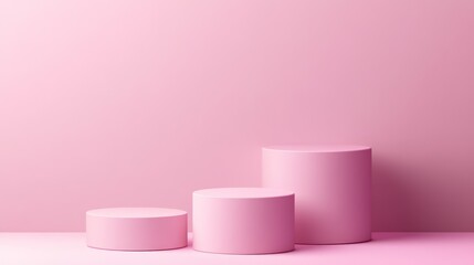 Wall Mural - three pink cylindrical podiums against a pink background.
