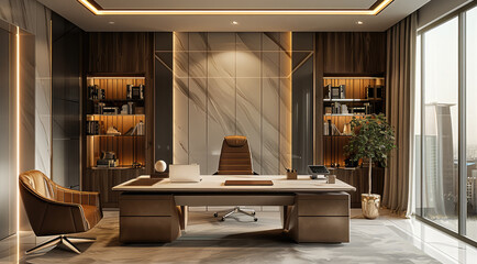 Poster - Design office CEO table in modern style with background cabinet.