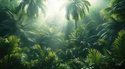 Aufkleber - A dense jungle with tall palm trees, a misty atmosphere, sunlight filtering through the canopy, lush green foliage.