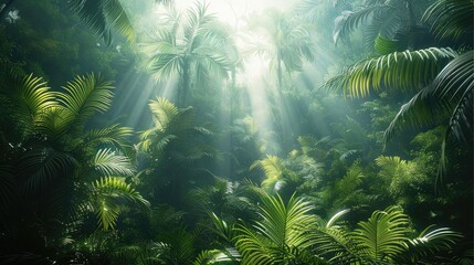 Wall Mural - A dense jungle with tall palm trees, a misty atmosphere, sunlight filtering through the canopy, lush green foliage.