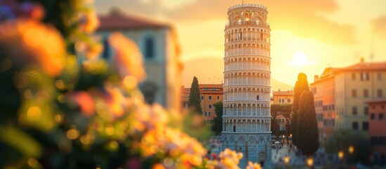 Wall Mural - The Majestic Leaning Tower of Pisa Dazzling at Sunset in Tuscany Italy s Iconic Historic Architecture and Landmark  A famous medieval Renaissance architectural wonder