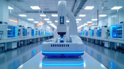 Poster - High tech 3d printing machines in modern white facility, modern technology, white and blue highlights and lighting.