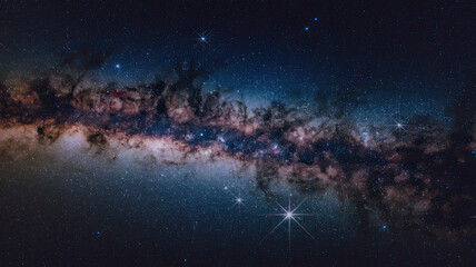 Wall Mural - breathtaking view of night sky dominated by dense star cluster, luminous band stretched across, coun