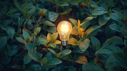 Poster - One light bulb shines in the middle of green plants, the concept meets the request for green energy, environmental friendliness.