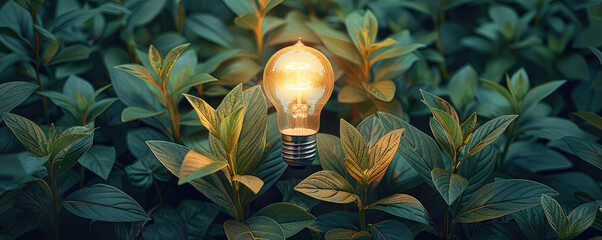 Poster - One light bulb shines in the middle of green plants, the concept meets the request for green energy, environmental friendliness.