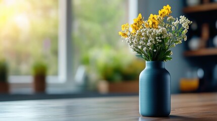 Wall Mural - Fresh colorful flower arrangement in a blue ceramic vase on a wooden table with blurred background view