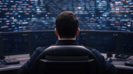 Poster - Cybersecurity Expert in Futuristic Control Room Surrounded by Monitors Analyzing Data