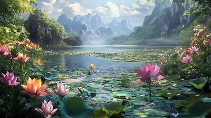 Wall Mural - A beautiful freshwater lake landscape with a variety of aquatic plants in bloom, adding color to the scene