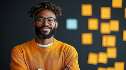 Leinwandbilder - confident man with glasses smiles in modern office setting, surrounded by yellow sticky notes. His warm orange sweater adds vibrant touch to professional atmosphere
