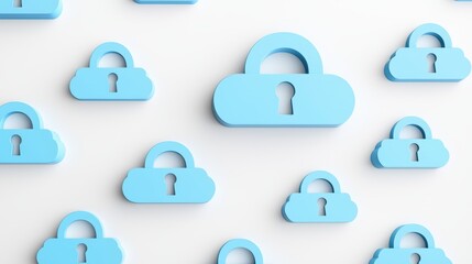 Poster - Blue Cloud Storage Icons with Padlocks Representing Cyber Protection and Data Security Concepts