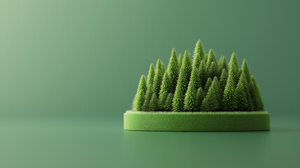 Poster - lush green forest scene featuring dense pine trees on circular base, symbolizing sustainability and nature. This vibrant image evokes sense of tranquility and environmental awareness