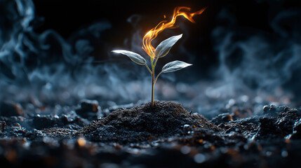 Poster - solitary plant emerges from dark soil, surrounded by smoke and flames, symbolizing resilience and hope in dramatic environment
