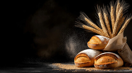 Aufkleber - Freshly baked bread loaves with wheat stalks on dark background, showcasing art of baking and natural ingredients used. warm tones evoke sense of comfort and nourishment
