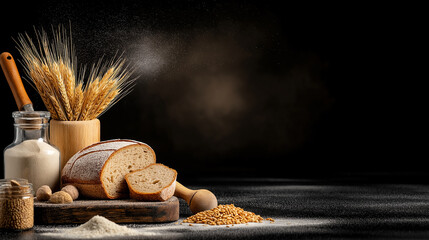 Poster - Freshly baked bread with wheat and flour on dark background, showcasing art of baking. scene captures essence of traditional bread making with rustic elements