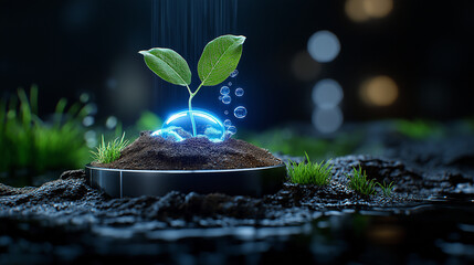Poster - vibrant plant sprouting from soil, surrounded by water bubbles and glowing light, symbolizes growth and renewal in serene environment