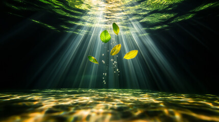 Poster - Floating green leaves in serene underwater scene with sunlight rays illuminating bubbles and water surface. tranquil and vibrant aquatic environment