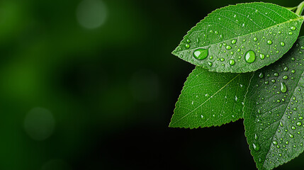 Poster - Fresh green leaves with water droplets, showcasing nature beauty and detail. vibrant colors and textures create calming and refreshing atmosphere
