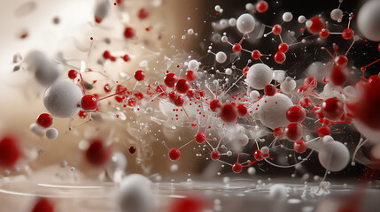 Poster - artistic illustration of molecules in motion, showcasing vibrant red and white spheres interconnected by delicate strands. This dynamic scene captures essence of molecular interactions