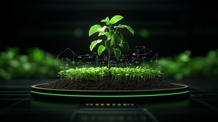 Poster - vibrant green plant grows on circular base, surrounded by smaller sprouts, symbolizing smart farming and technology integration in agriculture