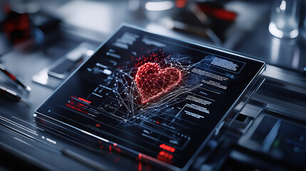 Leinwandbilder - digital tablet displaying 3D heart model with data visualization, symbolizing technology and health innovation. vibrant colors and intricate design evoke sense of modernity and connection